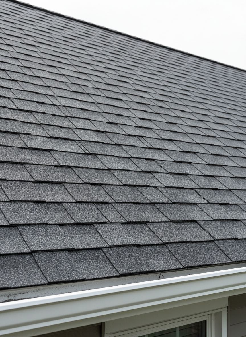 A sophisticated close-up of an asphalt shingle roof on a Dayton, Ohio home, showing a seamless soft-washing result. The shingles appear deep charcoal with subtle mineral texture, entirely free of black streaks, lichen, or organic growth. The ridge line is sharp and clean, with a crisp white gutter edge below that looks freshly washed. Bright, diffused midday light from a slightly overcast sky reduces harsh contrast while still defining each shingle row. Taken from a low, upward angle along the roof plane, the composition emphasizes linear patterns and professional precision, with photographic realism and a calm, confident mood that suggests long-term protection and curb appeal.