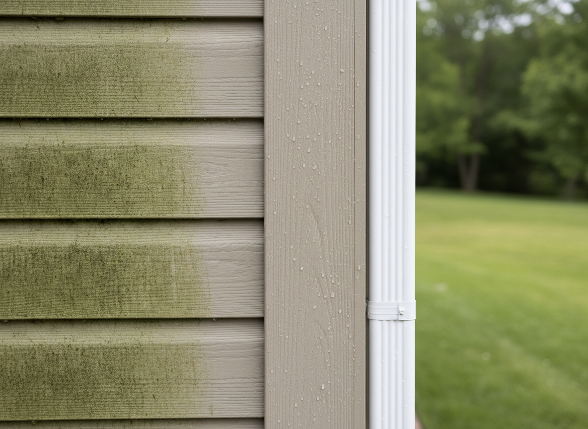 A close-up photographic view of textured vinyl siding on a residential home, the left half covered in green algae, dirt streaks, and weather stains, the right half pristine, softly washed to a bright, uniform color. Tiny water droplets cling to the freshly cleaned panels, catching soft overcast daylight and creating delicate reflections. The background gently blurs into a hint of manicured lawn and a clean white downspout, reinforcing an upscale exterior. Shot straight-on with a shallow depth of field, the frame is tightly focused on the dramatic before-and-after contrast, conveying meticulous care and professional results in a clean, modern, sophisticated style.