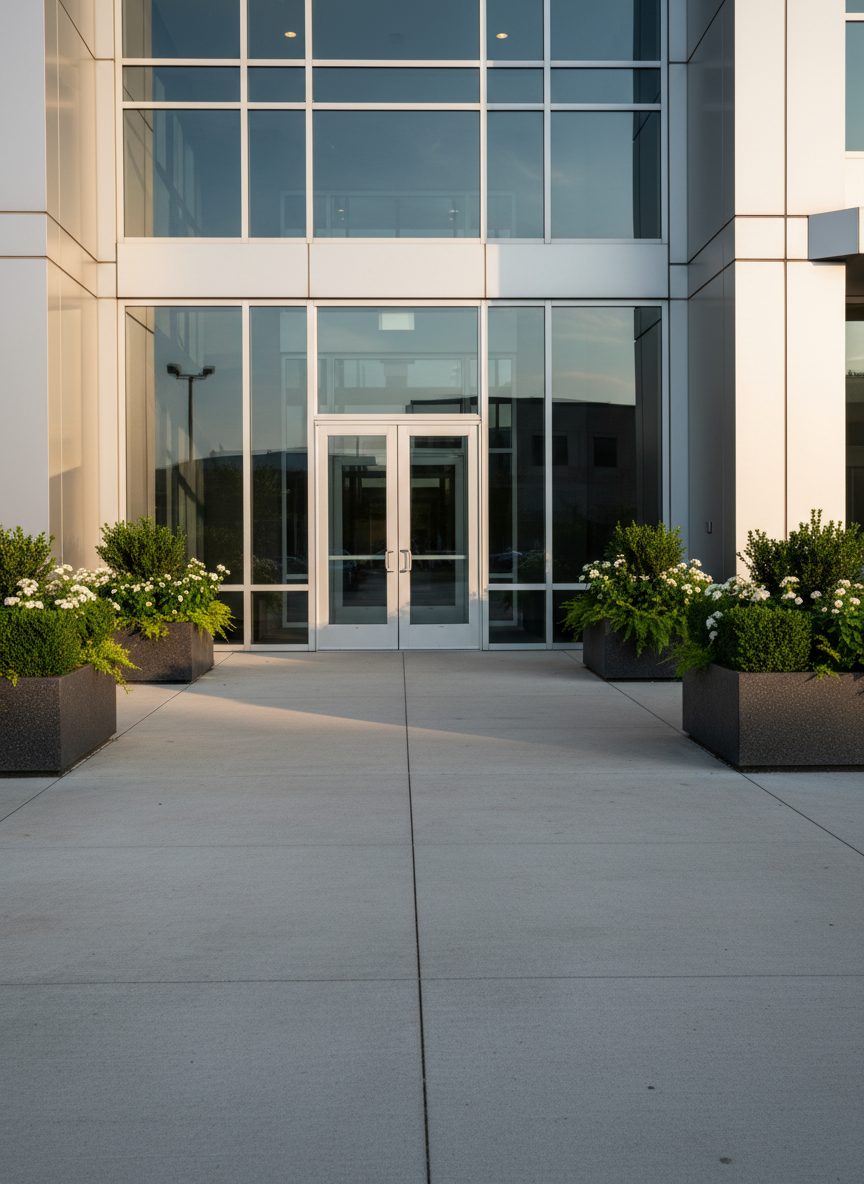 A high-end commercial building entrance in Dayton, Ohio, featuring expansive glass doors, polished metal framing, and wide concrete walkways that appear meticulously pressure washed. The concrete is uniformly bright with faint, natural texture, free from gum, oil, or tire marks. Decorative planters with neatly maintained greenery flank the entry, and the building’s modern façade reflects soft morning light. Clean reflections in the glass add depth without revealing people. Photographed from a slightly off-center eye-level perspective with deep focus, the composition leads the viewer’s eye along the walkway to the doors, conveying professionalism, reliability, and a refined corporate image in crisp photographic realism.