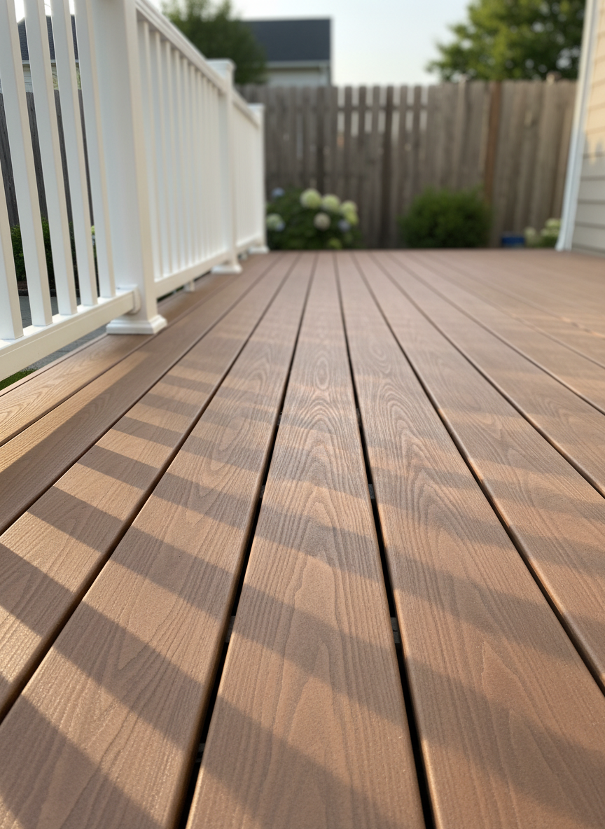 A detailed view of composite decking on a residential back porch, with individual boards showing rich, natural color and subtle wood-grain texture, freshly cleaned by soft washing. The surface is dry but looks renewed, free from mildew, pollen, and weathered film. A clean white railing frames the deck, and beyond it, a blurred garden with tidy shrubs and a privacy fence adds context. Warm late-morning sunlight filters across the boards at an angle, casting thin, elegant shadows between planks. Shot from a low, near-surface perspective along the length of the deck, the image has a sophisticated, modern feel, with sharp focus on the foreground and gentle bokeh toward the background.