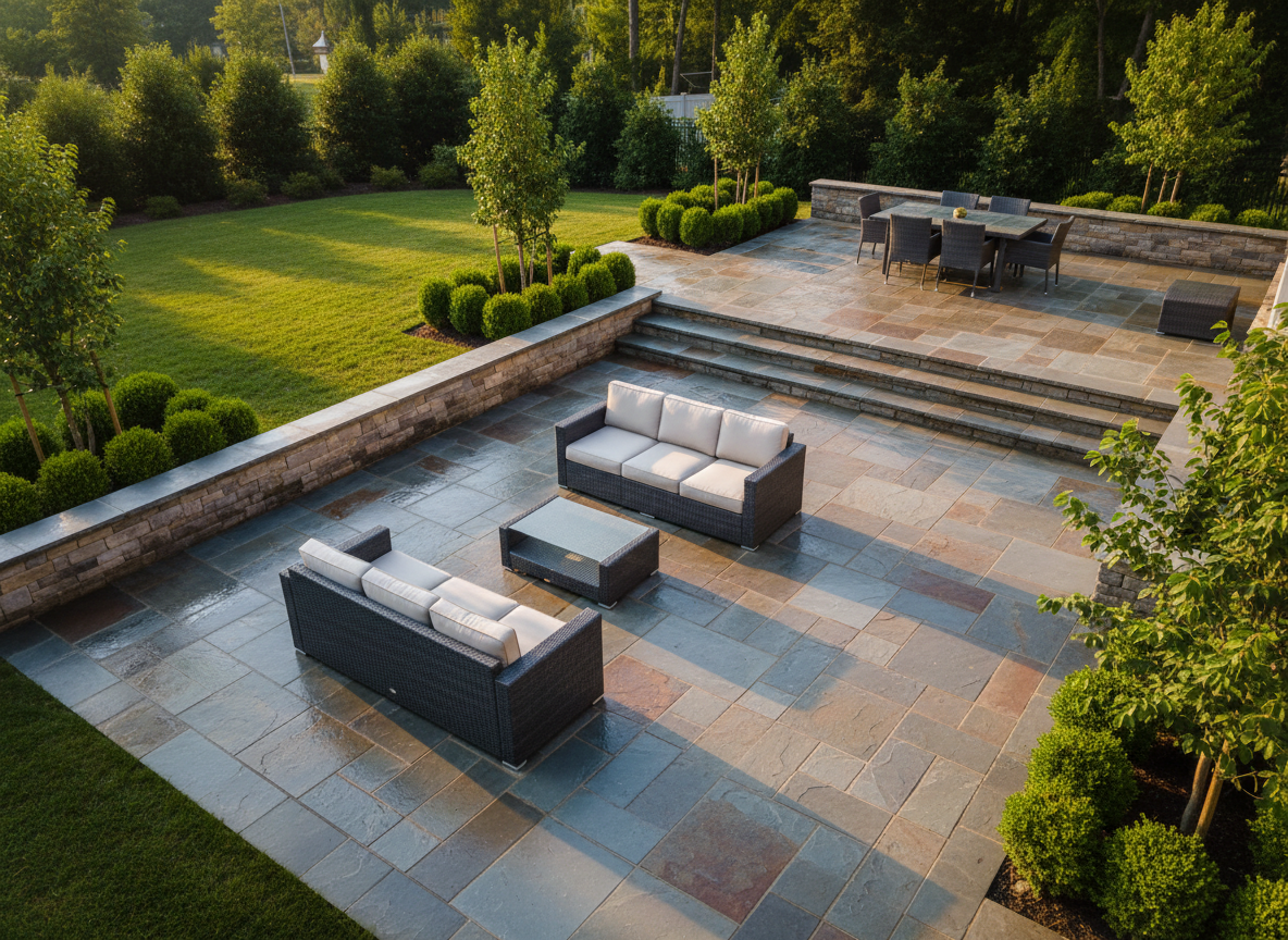An elegant composite-style backyard patio scene showing a multi-level stone terrace, decorative retaining wall, and sleek outdoor furniture, all freshly power washed and gleaming subtly. The stone pavers display natural color variation and fine texture, free of moss and grime, while a neatly edged lawn and trimmed shrubs frame the space. Early evening golden-hour light skims across the patio, emphasizing crisp edges, faint shadows between stones, and a refined, inviting atmosphere. Captured from a slightly elevated angle for a full-view composition, the image features sharp focus throughout, photographic realism, and a polished, high-end mood appropriate for a professional exterior cleaning service.